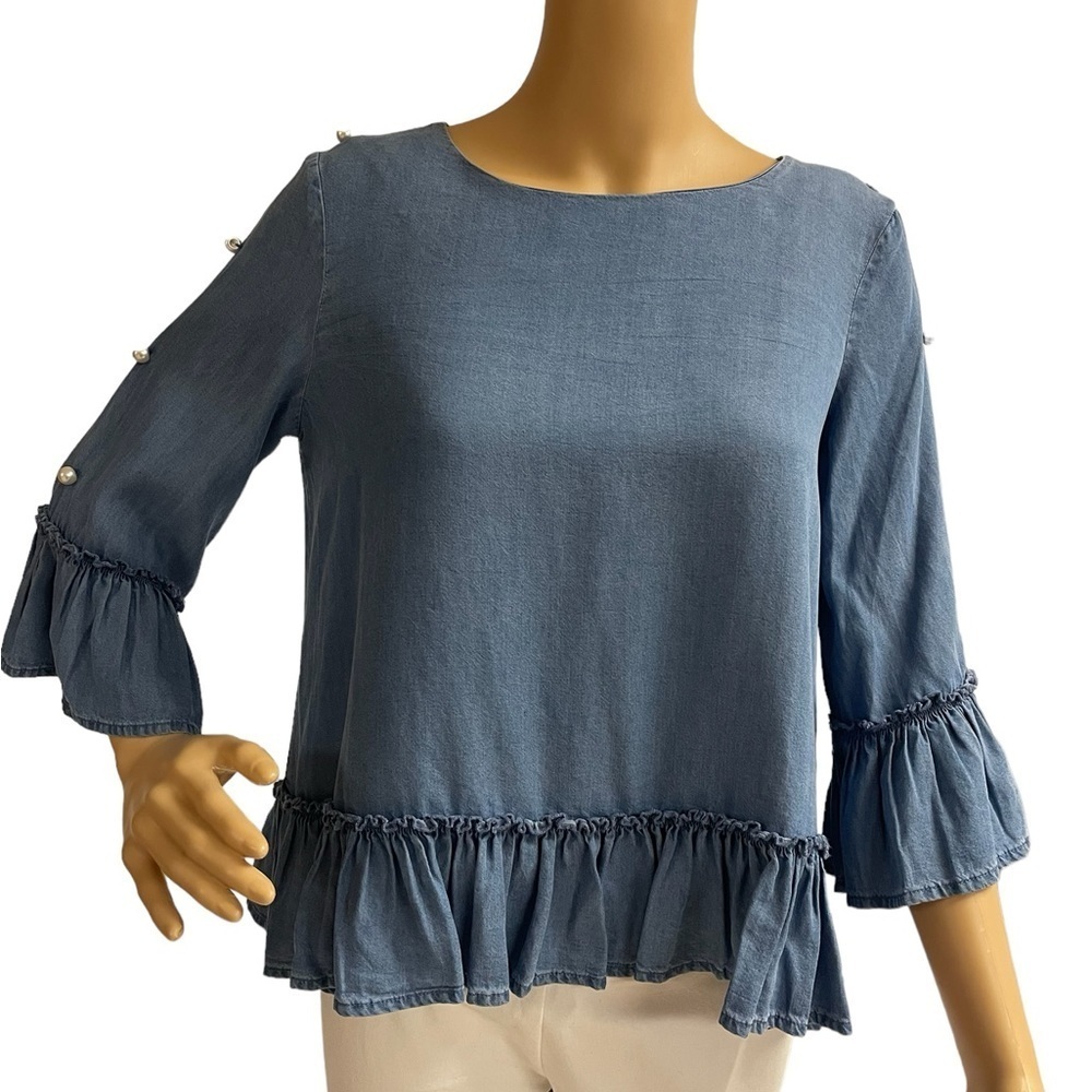 Ali Miles Womens Petite denim top, 3/4 sleeve with pearl detailing